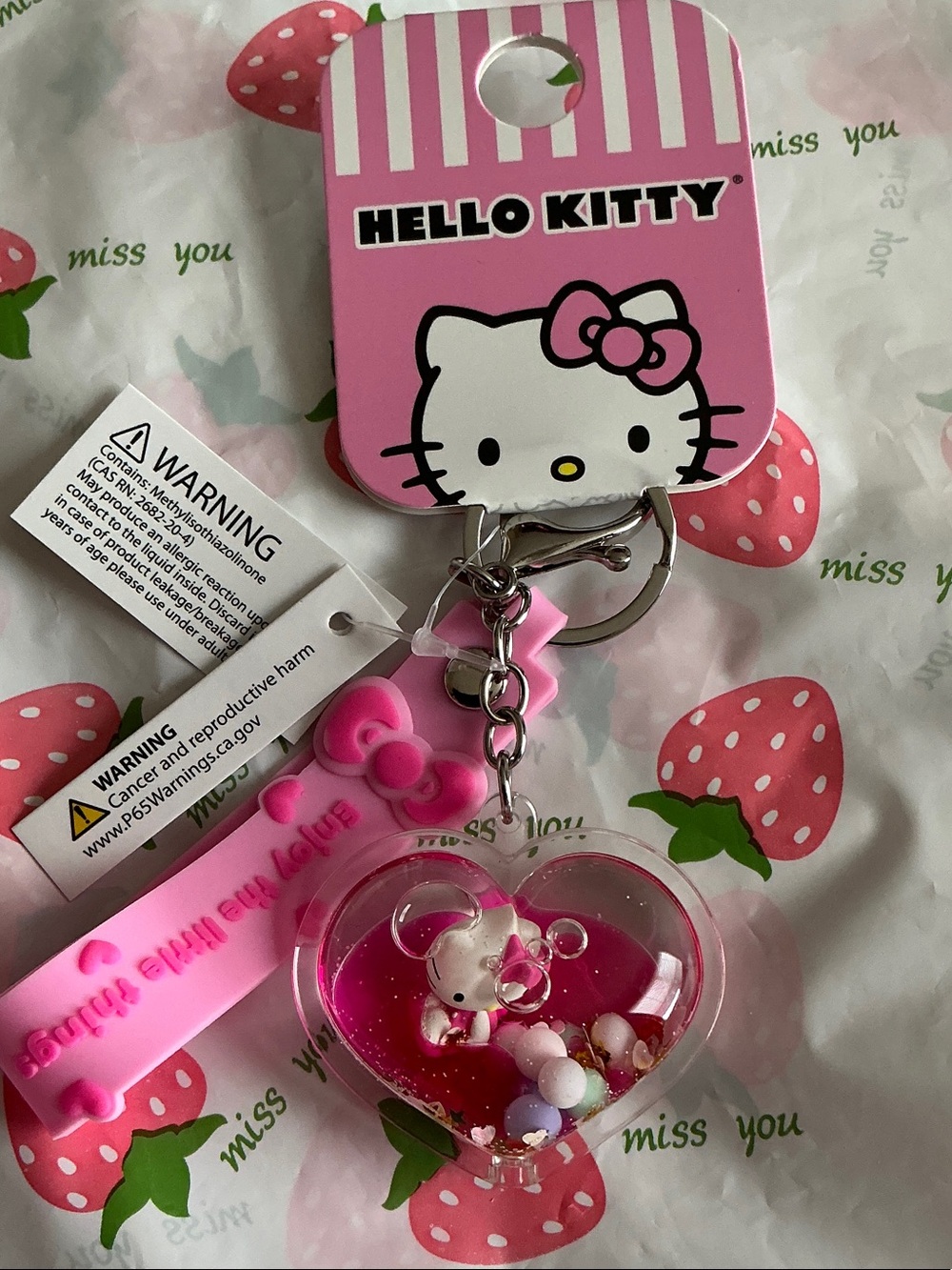 Hello Kitty Pink Heart Keychain with Bead-Filled Charm